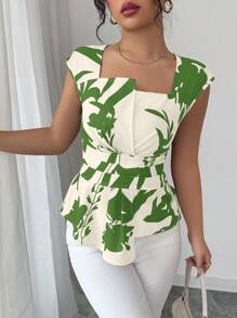 Elenzga 女式度假花卉印花系腰短袖衬衫，夏季 - 綠色 - 查看 6