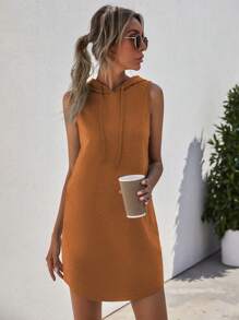 SHEIN LUNE 女式纯色抽绳连帽休闲套头连衣裙 - 棕色 - 查看 5