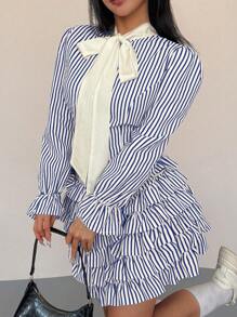 SHEIN Clasi 2buc/Set Bluză cu fundă în dungi și costum cu fustă tort, Femei Mărimi Plus Design Nou - Multicolor - Vizualizare 4
