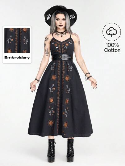 Dark Vintage Gothic Star & Moon Embroidered Women Cami A-Line Dress For Summer