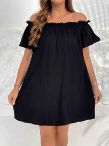 SHEIN Essnce 大码女装春夏时尚休闲宽松舒适凉爽百搭日常单肩露肩黑色短裙、度假装、伊比沙岛、欧洲夏季、茶会礼服、女士沙滩裙、女士早午餐装 - 黑色 - 查看 4