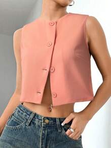 SHEIN EZwear Women's Simple Solid Color Front Button Round Neck Vest, Summer