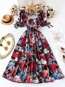 SHEIN LUNE 复古优雅连衣裙，全身随机花卉印花，荷叶边灯笼袖，蝴蝶结装饰甜心领 - 黑色 - 查看 1