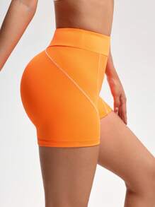 SHEIN Sovereign Charm Women's Color Block Waistband Tight Fit Sports Shorts, Suitable For Summer Sweater Shorts - Orange - View 5
