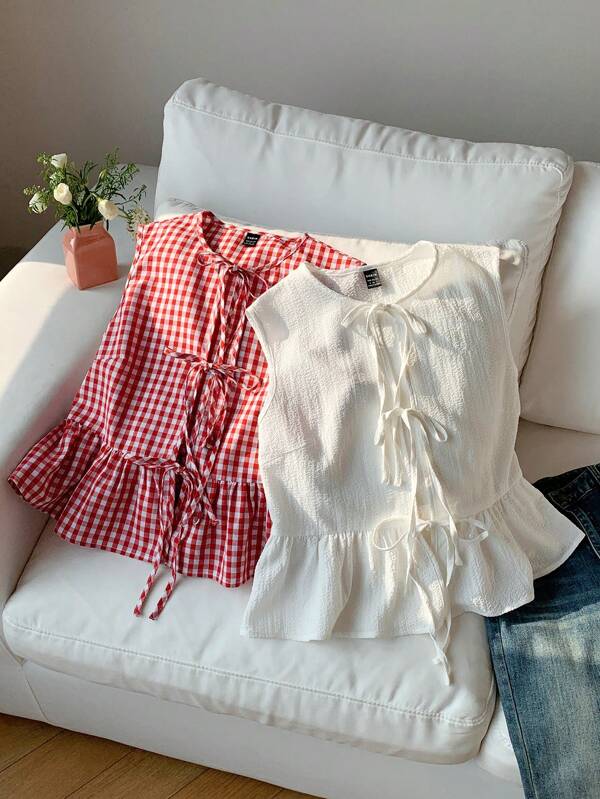 Comfortcana 2pcs Women's Summer Vacation Plaid Shirt And White Shirt Set