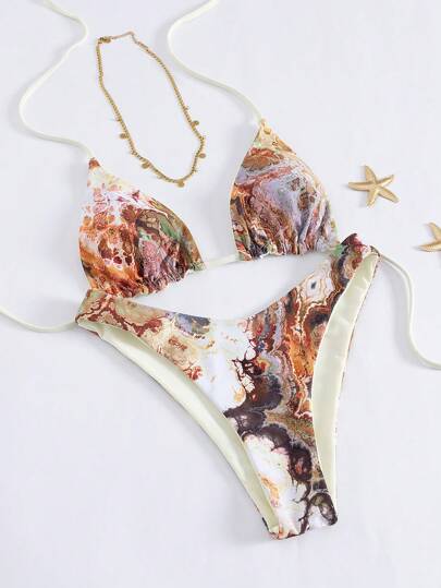 Swim Vcay 2pcs Random Print Spaghetti Strap Halter Backless Sexy Bikini Swimwear Set For Women For Summer Beach Vacation