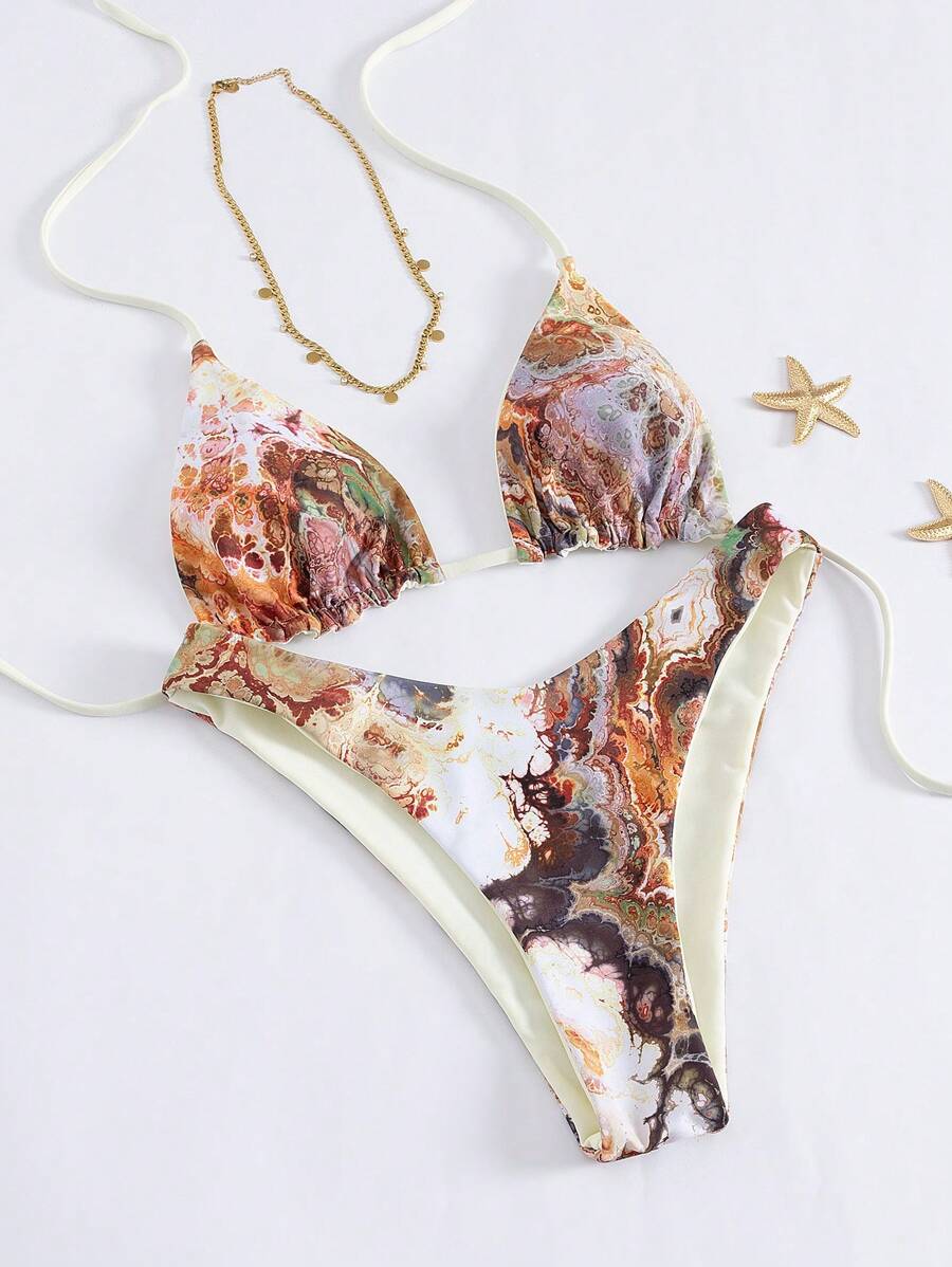 Swim Vcay 2件套随机印花细肩带露背性感比基尼女式泳衣套装 - 棕色 - 查看 1
