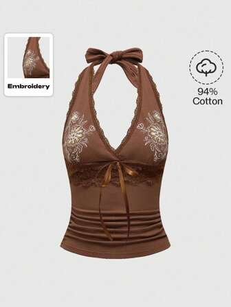 Hippie Haut sans manches pour femmes avec col ras-du-cou, imprimé floral d'été avec dentelle contrastante et nœud à la nuque