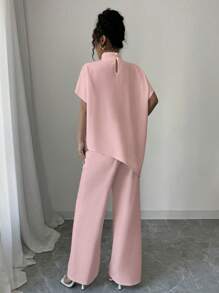 Elenzga 2 件套女式立领不对称上衣和裤子套装 - 粉色 - 查看 2