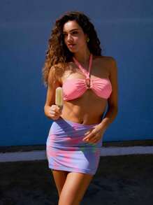 SHEIN Unity Pink Bikini Set With A Twisted Front Design And Adjustable Straps, Paired With Matching Classic Bottoms, Perfect For Bold And Chic Summer Looks. - Pink - View 5