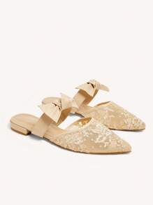 CUCCOO CHICEST Beige Pointed Toe Bow & Lace Decor Flat Mules Slip On Casual Loafers For Women - Apricot - View 7
