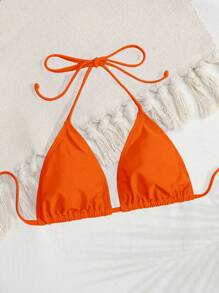 Swim Basics Solid Color Backless Orange Halter Bikini Top For Beach & Vacation For Summer - Orange - View 5
