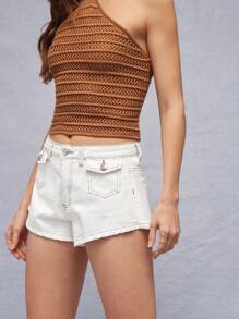 WESTFADE Summer High Rise Cute Flap Pockets A Line Curved Hem Western Country Denim Jean Shorts - White - View 4