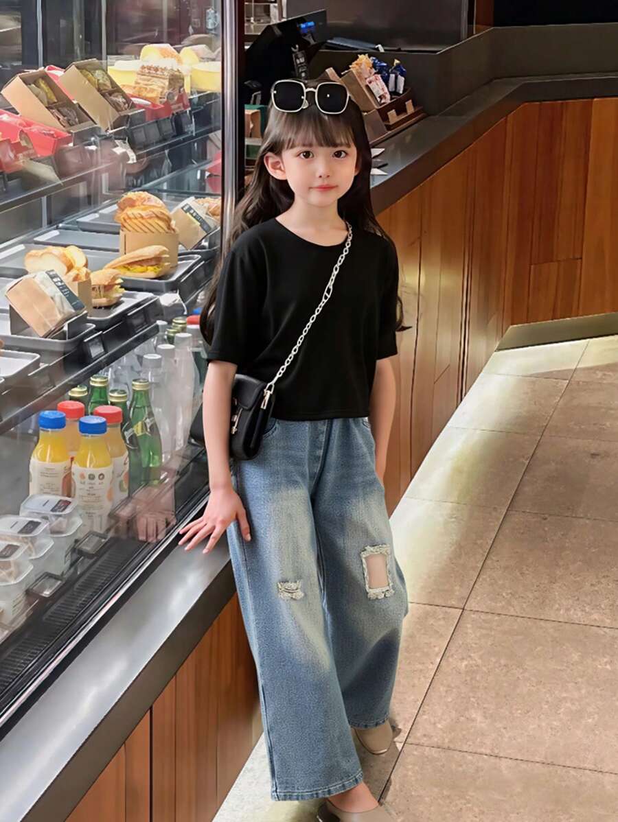 SHEIN 2pcs/Set Girls Black Summer Casual School Fashion Round Neck Drop Shoulder Short Sleeve Cropped T-Shirt And Elastic Waist Distressed Denim Pants - Black - View 1