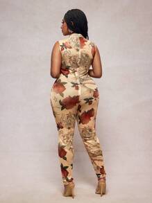 Slaydiva Nuevo mono de verano casual y sexy para mujer con estampado de dragón rosa y malla, de cuello alto, sin mangas, ajustado, con Bottom en color albaricoque