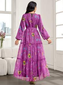 Modelyn Women's Extra Long Floral Print Chiffon Cinched Waist Waist Dress, Elegant For Spring & Summer