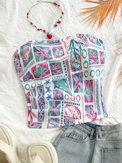 Soleia 1pc Women Plus Size Colorful Vacation Style Printed Tube Top Cropped Knitted Vest, Can Be Worn Inside Or Outside, Autumn/Spring