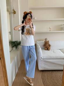 SHEIN 2件套青少年女孩休闲熊印花褶皱格子短袖上衣和长裤家居服套装 - 彩色 - 查看 4