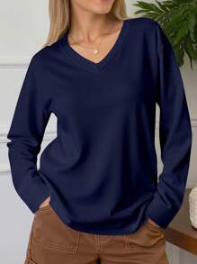 INAWLY Women's Casual Solid Color V-Neck Long Sleeve Loose T-Shirt, Versatile For Spring & Autumn
