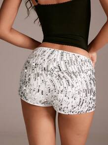 TRNVIE Women's Fashion Low Waist Sparkly Silver Sequin Elastic Sexy Party Shorts, Suitable For Commuting In Summer,Graduation Dance. - Silver - View 2