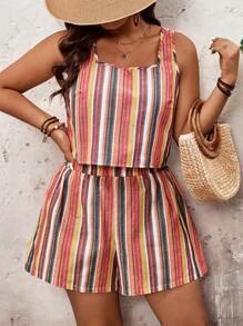 SHEIN VCAY 加大码条纹背心和短裤两件套，休闲假日风格西部装女士度假两件套开衩圆领女士夏季服装女士海滩服装女士度假服装女士海滩波西米亚风狂欢服装乡村音乐会服装节日服装女士早午餐服装海滩度假服装毕业服装老钱