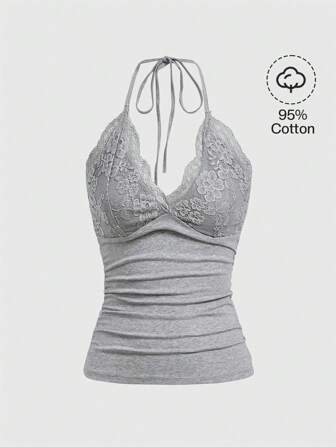 Trägertop mit Kontrast Spitzen, Rüschen,