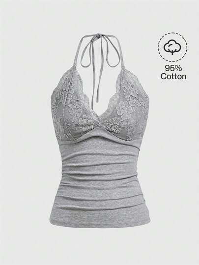 Top halter pizzo a contrasto plissettato