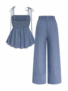 SHEIN VCAY 大码女式休闲度假简约条纹乡村风蓝色系带吊带背心 + 宽松裤子两件套，春夏 - 藍白色 - 查看 2
