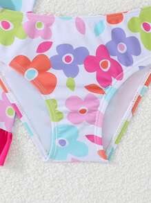 年轻女孩花卉印花荷叶边泳衣套装（含罩衫和迷你裙）