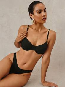 Swim Basics Women's New Ribbed Steel Frame Simple Sexy Spaghetti Strap Bikini Set, Vacation Outfit For Summer - Black - View 1