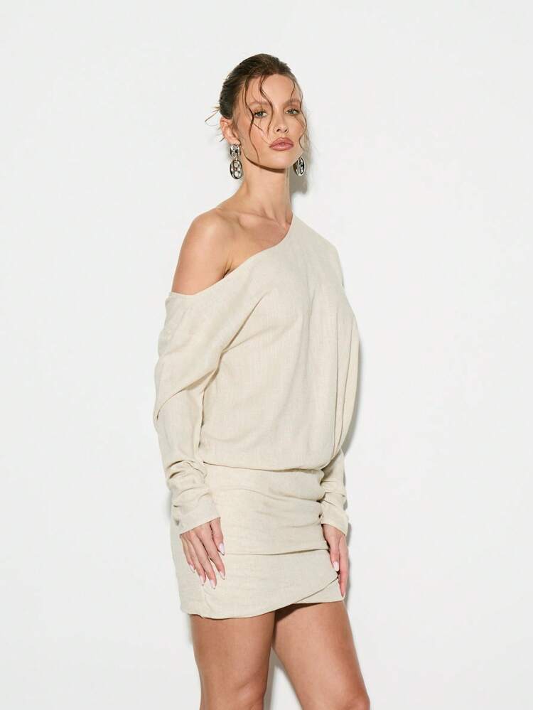 KIZN Asymmetric One Shoulder Ruched Waist Loose Fit Linen Mini Dress