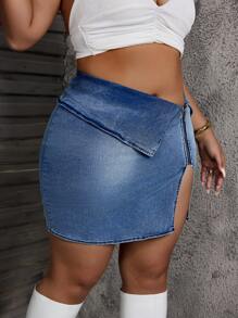 Slaydiva Plus Size Women's Asymmetrical Zipper Denim Mini Skirt,Elastic Waist Dark Blue Summer Kawaii Night Out Club Classy Elegant Festival Cowboy Sun - Medium Wash - View 5