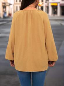 Plus Size Casual Commuter Solid Color Lantern Sleeve Shirt - Yellow - View 2