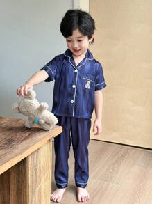 SHEIN 2pcs/Set Toddler Boys' Navy Striped Woven Pocket Bear Graphic Short Sleeve Cardigan And Casual Pants Homewear Set - Royal Blue - View 1