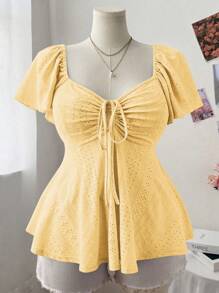 Sweetra Women's Plus Size Square Collar Flutter Sleeve Textured Blouse, Casual Cute & Elegant A-Line T-Shirt - Yellow - View 1