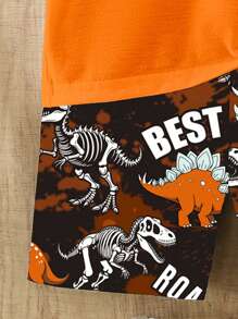 SHEIN Conjunto informal de camiseta de cuello redondo con estampado de dinosaurio de dibujos animados y pantalones cortos básicos para niños pequeños