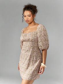 MISSGUIDED MISSGUIDED PLUS Vestido corto con escote cuadrado y estampado, vestido de verano lindo