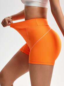 SHEIN Sovereign Charm Women's Color Block Waistband Tight Fit Sports Shorts, Suitable For Summer Sweater Shorts - Orange - View 6