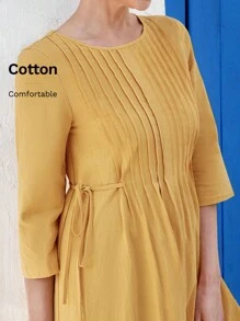 EMERY ROSE Vestido de manga larga con cuello redondo de largo hasta el tobillo casual para mujer, con un diseño frontal artesanal, adecuado para primavera y verano, ajuste suelto
