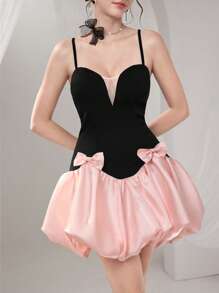 Poshira Vestido de cóctel elegante con bloque de color y decoración de moño para mujer, vestido de graduación, vestido de noche lujoso para mujer, vestido suave para graduación, vestido de fiesta, vestido de graduación