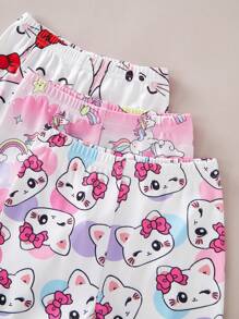 Set de 3 piezas de pijama ajustado con camiseta de manga corta y pantalones cortos con estampados de mariposa, corazón y flor para niñas pequeñas