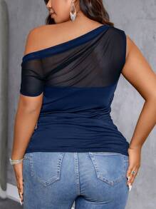 Breezaya Women Plus Size Fashion Sexy Sheer Mesh Patchwork Asymmetric Neckline Ruched Summer Tops - Navy Blue - View 2