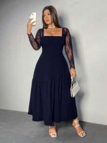 Viva Relle Große Größen Spitzen-Ärmel weit geschnittenes minimalistisches sexy Jumpsuit-Kleid - marineblau - Übersicht 5