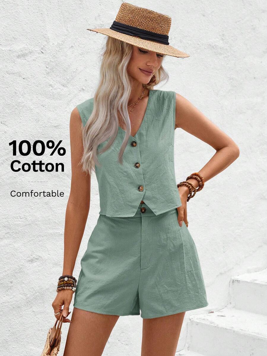 Wildy Conjunto casual de 2 piezas de chaleco con cuello en V y botones por delante, y shorts cortos tipo línea A, hecho de algodón lavado, para vacaciones