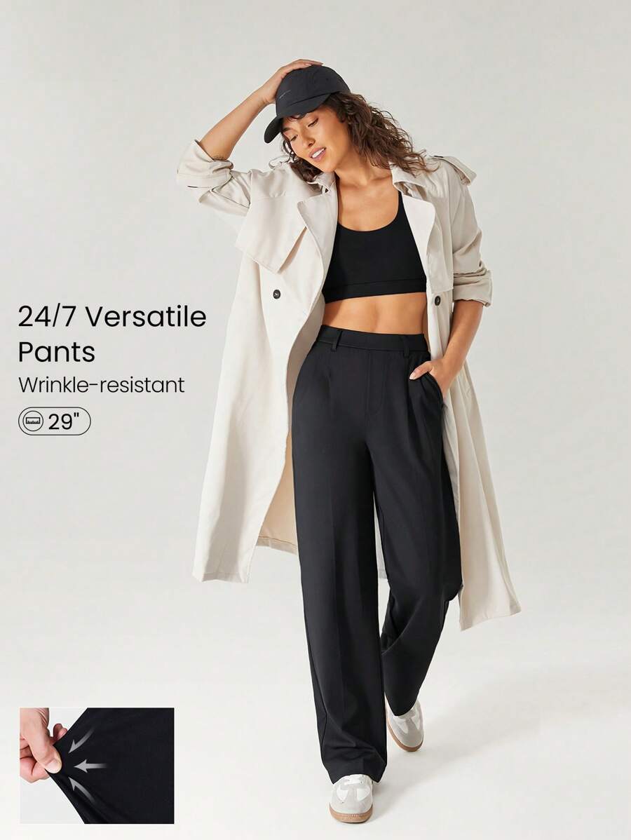 GLOWMODE 29 英寸百搭抗皱弹力易穿脱阔腿工作裤，带侧袋，日常休闲办公 - 黑色 - 查看 1