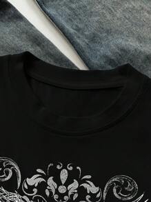 INAWLY Women's Round Neck Short Sleeve Heart Printed Casual Simple T-Shirt, Everyday Wear Graphic Tees Women Tops