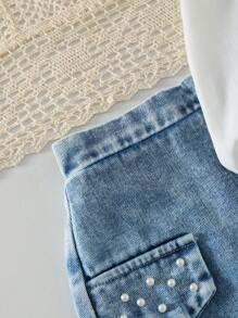 Elladie kids Girls Casual Fashionable Daily Crew Neck Short Sleeve 3D Bow Pearl Decor T-Shirt And Elastic Waist A-Line Denim Skirt Set Summer Holiday