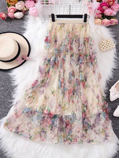 女童花卉印花网眼裙，优雅适合户外、度假、购物、派对、婚礼等场合，春夏季