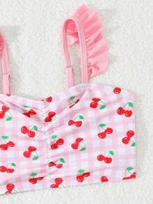 Young Girl Cherry Print Ruffled Swimsuit Set With Cover-Up And Mini Skirt - Pink - View 3