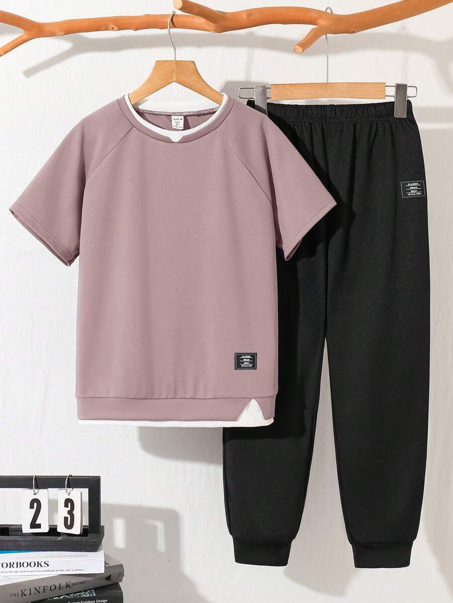 Conjunto informal de pantalón de chándal y camiseta de "Dos Piezas" para niño preadolescente - Rosa vieja - Ver 1